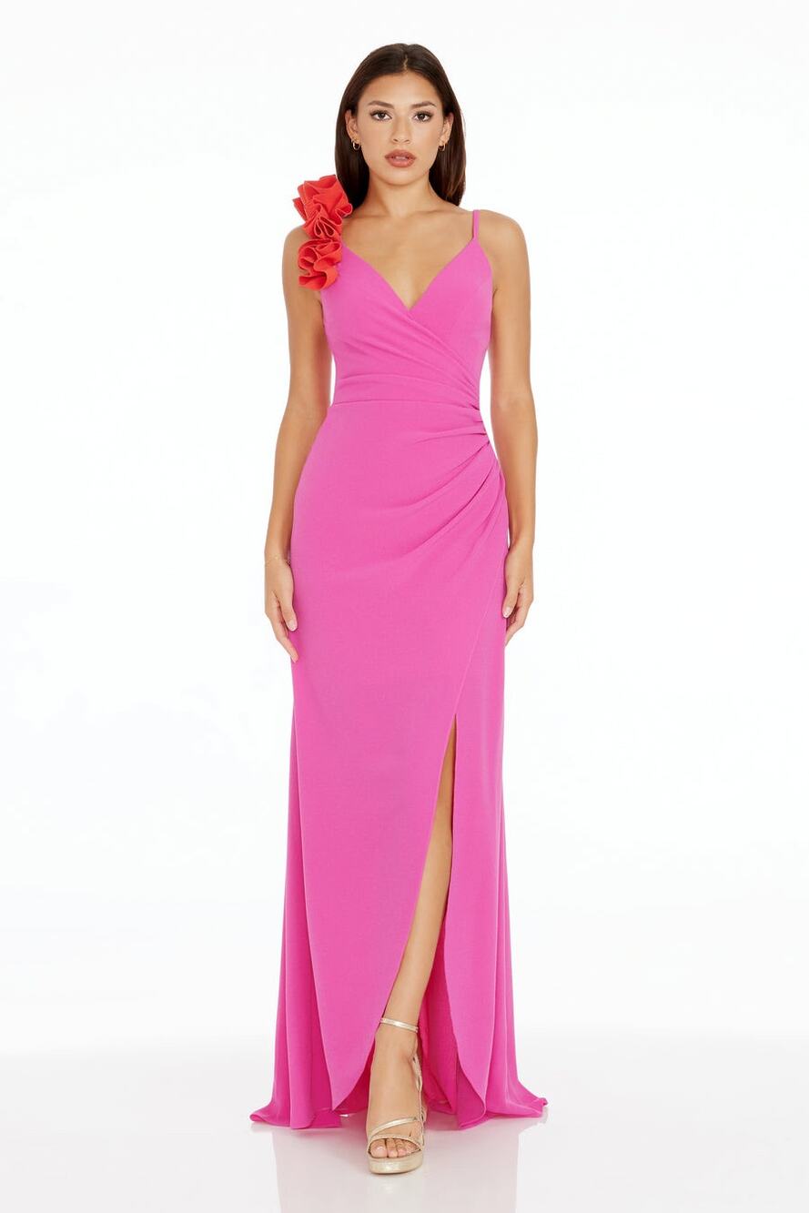 Dress the Population Camelia Fuchsia Poppy Ruffle Gown Size L NWT
